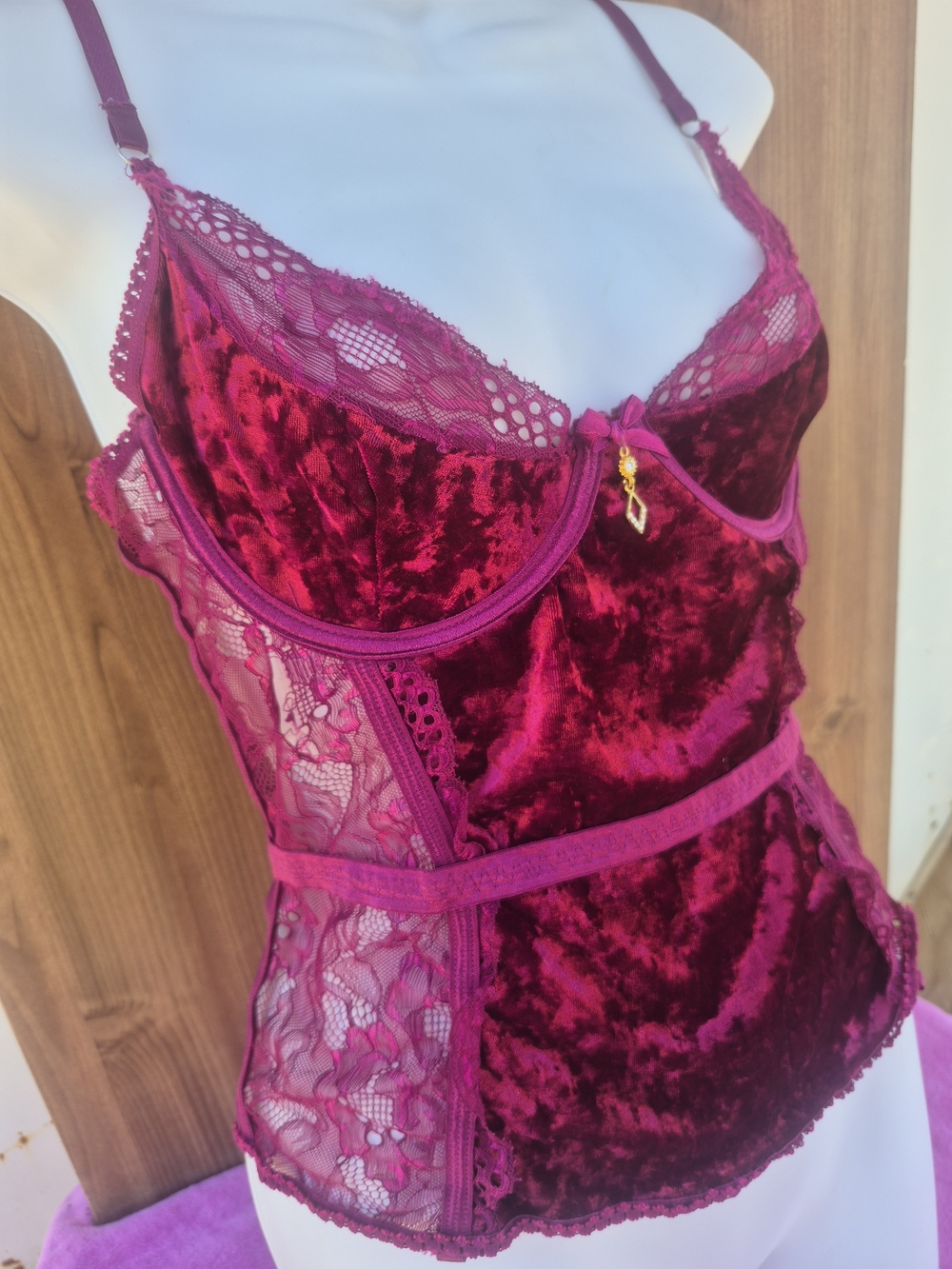 Plush Lace-Trim Burgundy Velvet Chemise